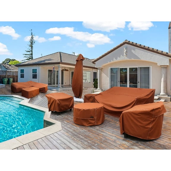 Stackable Chair Covers 2 Pack Waterproof Outdoor Stack Chairs Cover  Furniture Stacking Chair Covers, Fits for 4-6 Stackable Dining High Back Chairs, 28 W x 35 D x 45 H inch, Brown