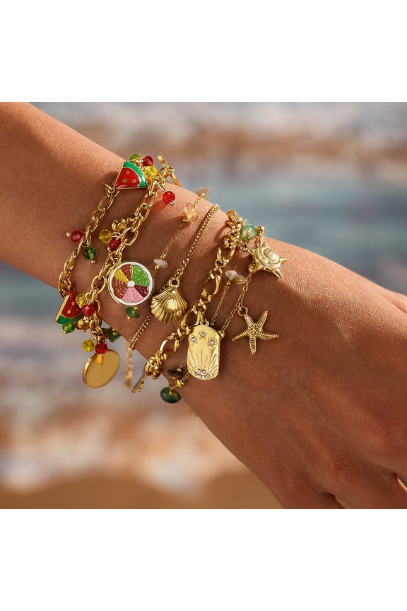 Stackable Charm Bracelet Set with Watermelon, Starfish, Shell Charms, Gold (5 Pack)