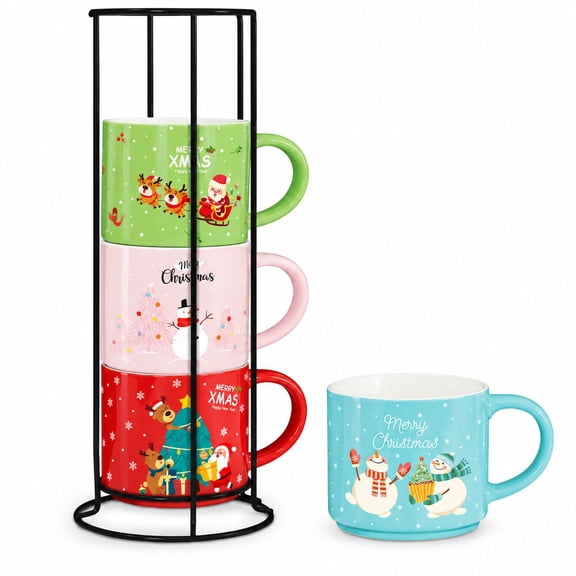 Stackable Christmas Mugs with Stand, Set of 4, 15.8 oz, Multicolor Ceramic Holiday Coffee and Hot Cocoa Mugs for Farmhouse Decor