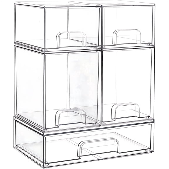 5-Pack Clear Stackable Storage Containers, Plastic DIY Drawer Organizer Bins for Cabinet, Fridge, Vanity, 2S 2M 1L, 15.4" H