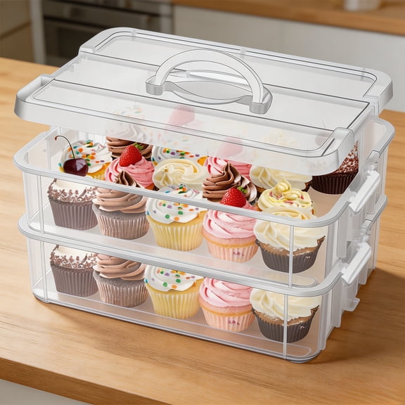 Stackable Clear Cupcake Carrier Containers, 2-Tier Portable Plastic Holder with Handle, 16 Slots Tray for Transporting Muffins for Parties, Picnics and Daily Storage
