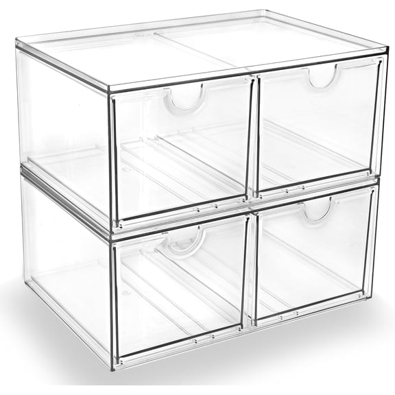 Stackable Clear Makeup Organizer, 2 Pack Acrylic Storage Drawers with 4 Drawers for Vanity Bathroom Office Desk Modular Drawer System for Cosmetics Jewelry Toiletries Home Organization