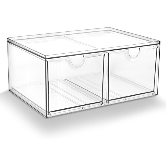 Stackable Clear Makeup Organizer Acrylic Storage Drawers with 2 Drawers for Vanity Bathroom Office Desk Modular Drawer System for Cosmetics Jewelry Toiletries Home Organization