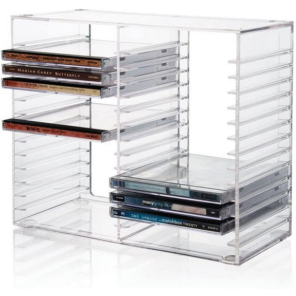 Stackable Clear Plastic CD Organizer with Rubber Feet | Rectangular Jewel Cases Holder Perfect for Theatre Room | Holds up to 30 CD Cases | Made in USA