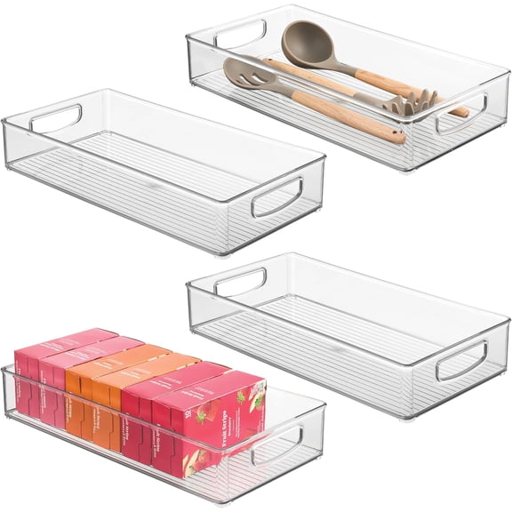 Stackable Clear Plastic Extra Long Pantry Organizer Bins for Kitchen, 16 x 8 x 3 Inches, Pack of 4