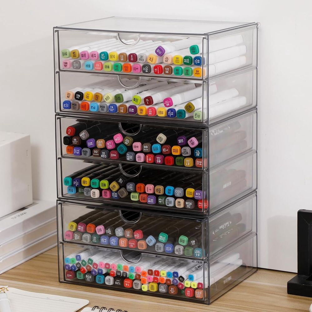Stackable Clear Plastic Storage Drawers, 6-Drawer Organizer Bin for Home Office, Bathroom, Kitchen, Pantry, Desk Storage for Markers, Pencils, Books, Art Crafts & Makeup  RLB