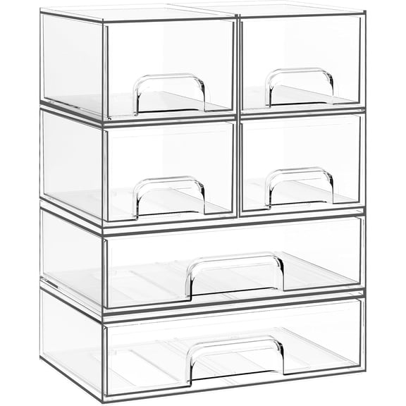Stackable Storage Drawers, 6 Pack Clear Plastic Makeup & Bathroom Organizer, Versatile Storage Bins for Vanity, Under Sink, Kitchen Cabinets & Pantry