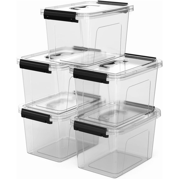 Stackable Clear Storage Bins with Latching Lids, 6-Quart (5-Pack) - Durable Plastic Organizing Containers with Handles for Home, Office, Closet & Pantry Organization