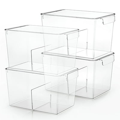 Stackable Clear Storage Bins with Lids, Large Plastic Storage Bins w Handle, Acrylic Pantry Organization and Storage for Kitchen, Fridge, Cabinet, Refrigerator, Bathroom Organizer