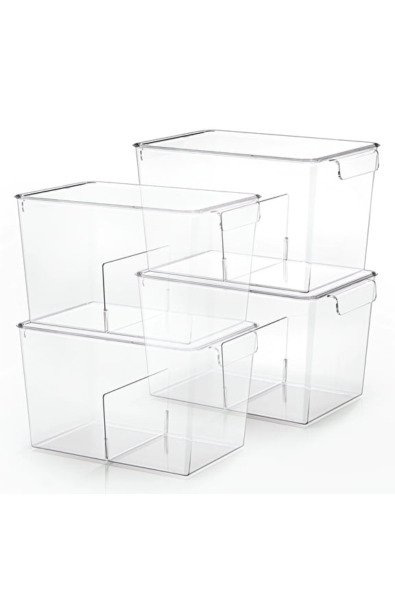 Stackable Clear Storage Bins with Lids, Large Plastic Storage Bins w Handle, Acrylic Pantry Organization and Storage for Kitchen, Fridge, Cabinet, Refrigerator, Bathroom Organizer