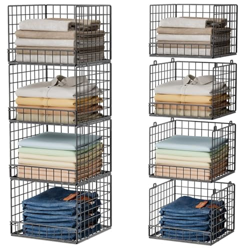 Stackable Closet Organizers and Storage Baskets, 4-Tier Closet Shelf Organizer , Space-Saving Clothes Storage Drawer, Foldable Clothes Storage Bins for Closet Organizer System, Black(Patent 30022416)