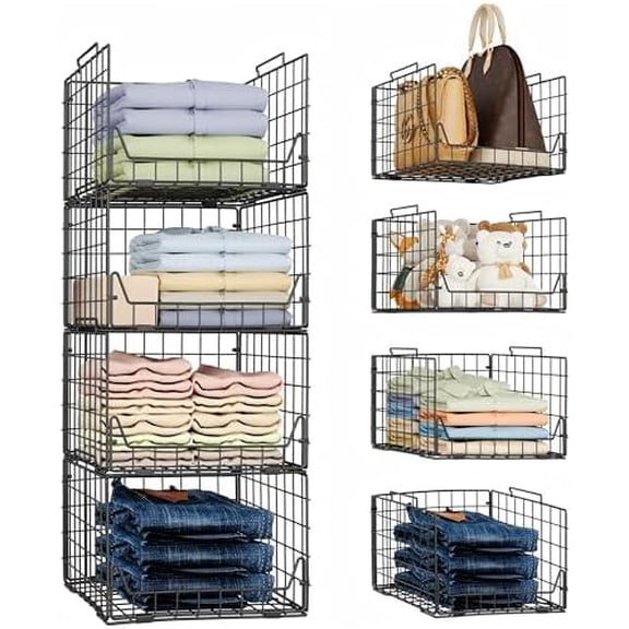 Stackable Closet Organizers and Storage Bins 4 Pack, Sturdy Metal Clothes Storage Container for Clothes Pants Sweaters, Black Folded Drawer Shelf Organizer for Closet Wardrobe