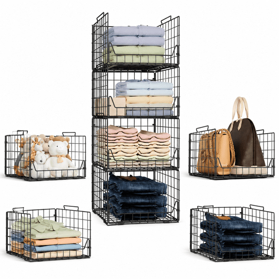 Stackable Closet Organizers and Storage Bins 4 Pack, Sturdy Metal Clothes Storage Container for Clothes Pants Sweaters, Black Folded Drawer Shelf Organizer for Closet Wardrobe