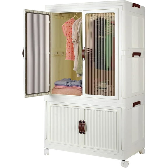 Stackable Closet Storage Bins, Collapsible Clothes Organizers, Portable Wardrobe Closet with Lids and Doors, Movable Clothes Storage with Coat Hangers, White