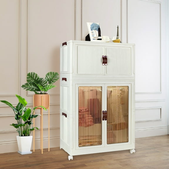 Stackable Closet Storage Bins, Portable Kids Closet with Lids and Doors, Collapsible Plastic Wardrobe, Armoire Wardrobe Closet with Wheels and Coat Hangers, White