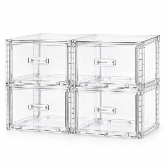 Stackable Closet Storage Drawers, 15QT, 4 Pack, Clear Plastic, 12"D x 12"W x 8"H, for Closet, Bathroom, and Pantry Organization