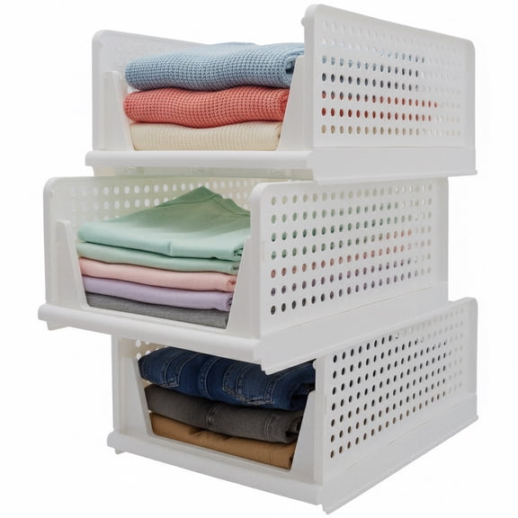 Stackable Closet Storage Shelf Slidable & Ventilated Carts for Easy Access w/ Durable White Plastic, 3-Piece Set for Closet Organization of Clothes Shoes and Towels