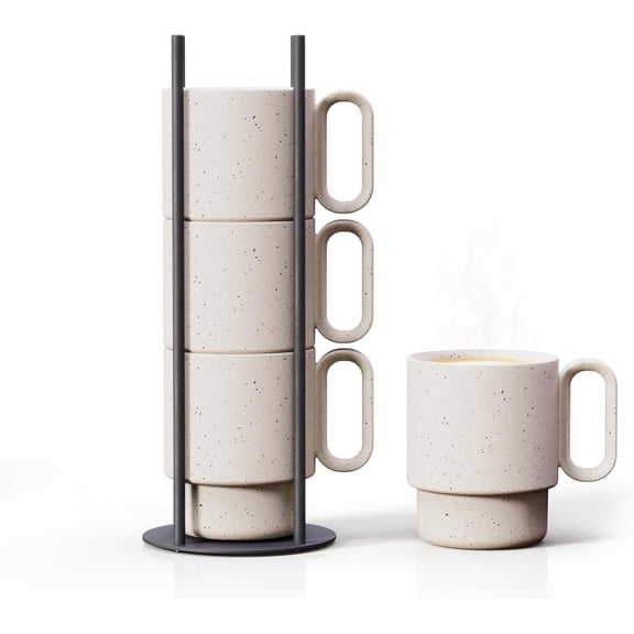 Stackable Coffee Mug Set with Black Stand - 4x8oz Ceramic Mugs with Unique Sprinkled Optics - Powder Coated Metal Rack - Dishwasher-Safe - Microwave & Oven - Scandinavian Minimal Design