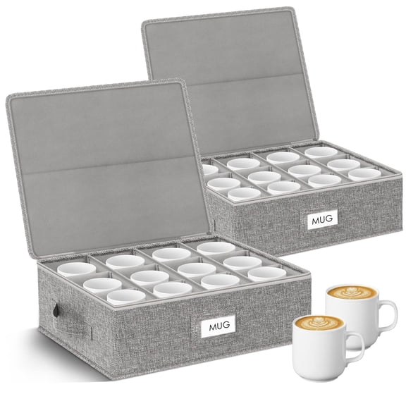 Stackable Coffee Mug Storage Box with Dividers, Hard Shell Organizer Equipped with Lid and Handles