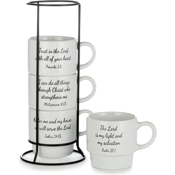 Stackable Coffee Mug Tower Set with Metal Wire Rack - 15 Ounce Coffee Mugs for Coffee, Tea, Cocoa, Milk, Cappuccino, Hot Chocolate Set of 4 - Inspirational Bible Verses