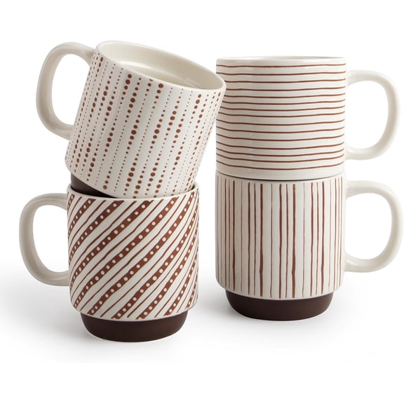 Stackable Coffee Mugs, 12 oz Ceramic Coffee Mug Set of 4, Coffee Cups with Chocolate-Colored Geometric Patterns for Latte, Cappuccino, Cocoa, Dishwasher & Microwave Safe, Off White