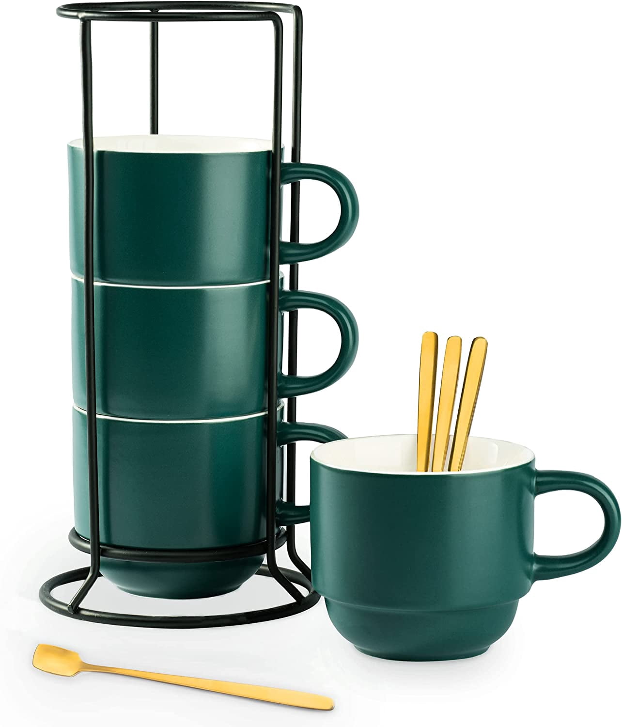 Stackable Coffee Mugs, Coffee Mug Set of 4 with Rack and Spoons, 11 oz Tea Cup Set for Espresso Drinks Cappuccino Latte, Coffee Cup Christmas Gift, Dark Green