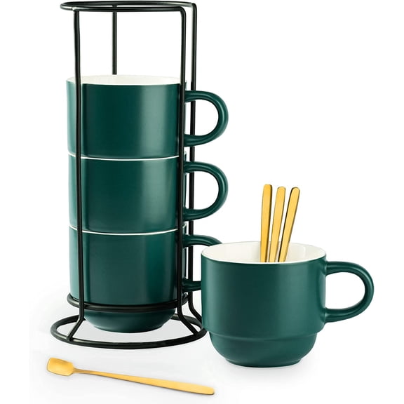 Stackable Coffee Mugs, Coffee Mug Set of 4 with Rack and Spoons, 11 oz Tea Cup Set for Espresso Drinks Cappuccino Latte, Coffee Cup Christmas Gift, Dark Green