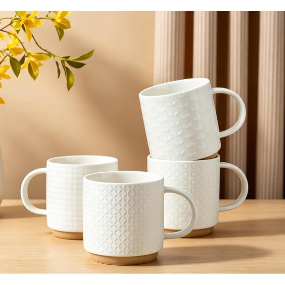 Stackable Coffee Mugs Set of 4, 10 oz Porcelain Coffee Cups with Embossed Design, White Cappuccino Cups for Coffee, Latte$$Home Decor, Kitchen, & Other