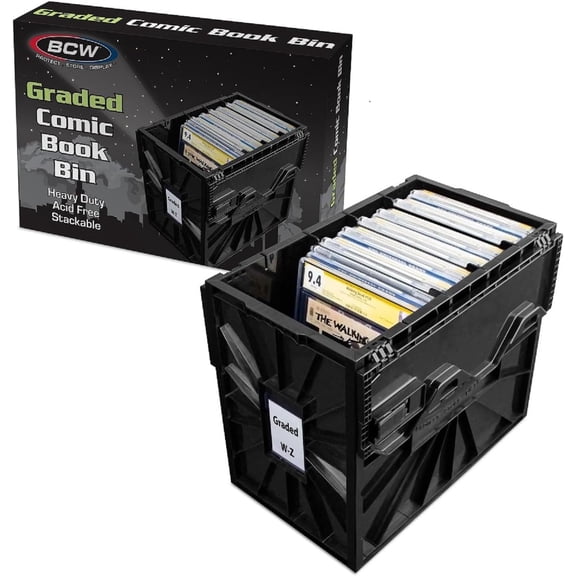 Stackable Comic Book Storage Bin with Dividers Black, Holds Up to 30 Graded Comics, Acid-Free Plastic, 15.5" x 13.25" x 8.75", Modern Rectangular Design
