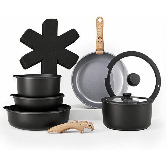 Stackable Cookware Set with Removable Handle Oven and RV Safe Pots and Pans Black Grey Wood Handle Original