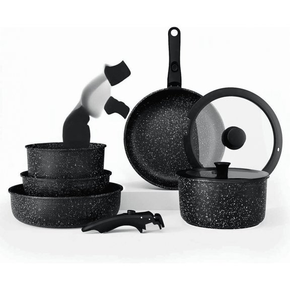 Stackable Cookware Set with Removable Handle Oven and RV Safe Pots and Pans Black Original