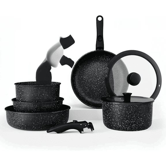 Stackable Cookware Set with Removable Handle Oven and RV Safe Pots and Pans Black Original