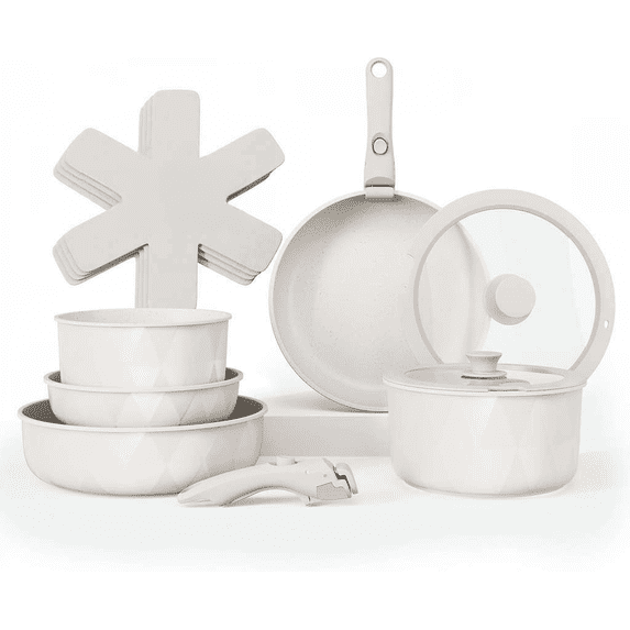 Stackable Cookware Set with Removable Handle Oven and RV Safe Pots and Pans Cream Diamond Original
