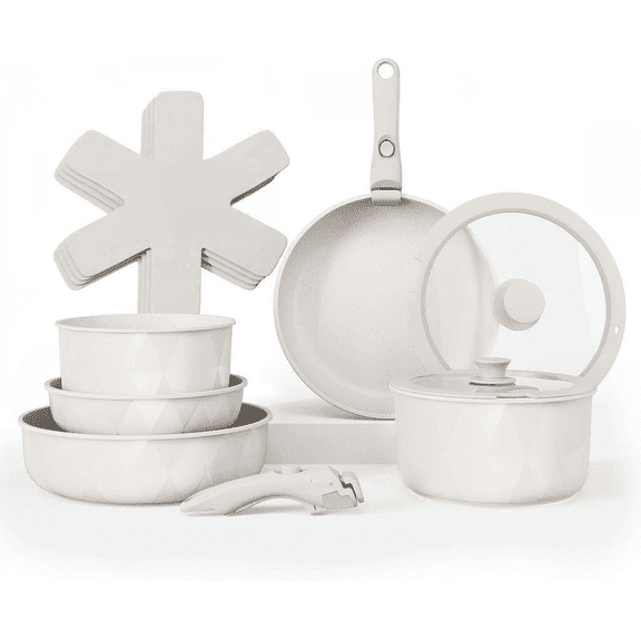 Stackable Cookware Set with Removable Handle Oven and RV Safe Pots and Pans Cream Diamond Original