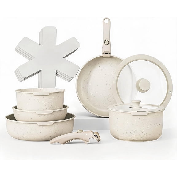 Stackable Cookware Set with Removable Handle Oven and RV Safe Pots and Pans Cream Original