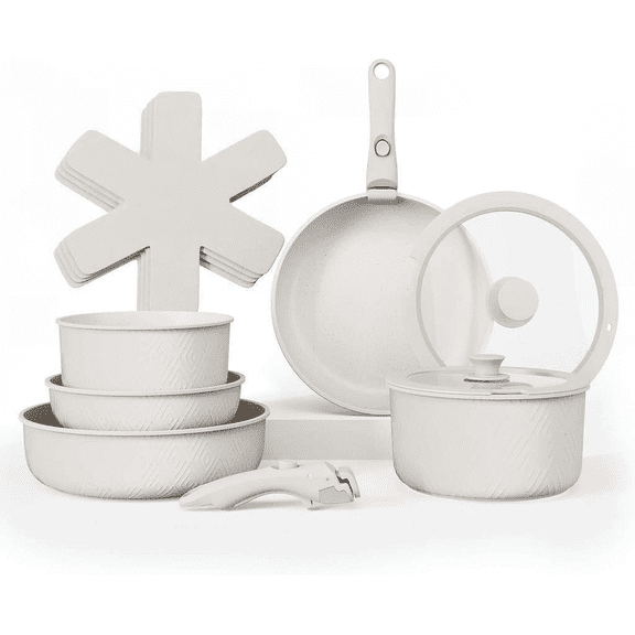 Stackable Cookware Set with Removable Handle Oven and RV Safe Pots and Pans Cream Rhombus Original