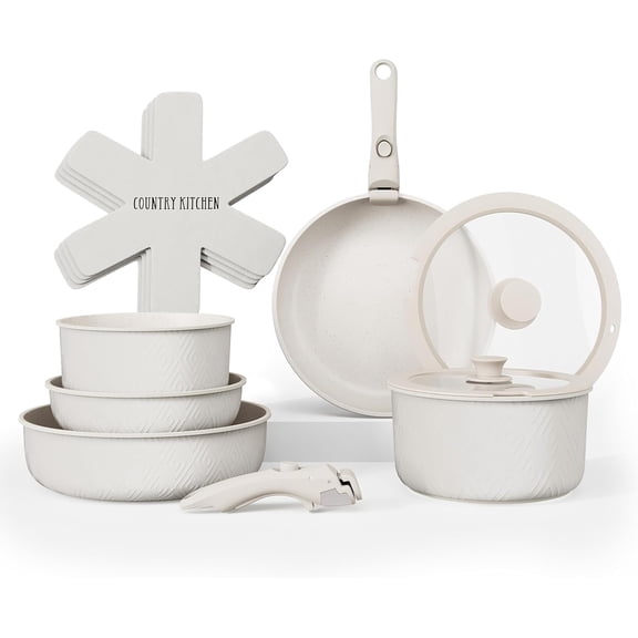 Stackable Cookware Set with Removable Handle Oven and RV Safe Pots and Pans Cream Rhombus Original