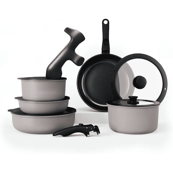 Stackable Cookware Set with Removable Handle Oven and RV Safe Pots and Pans Grey Black Original