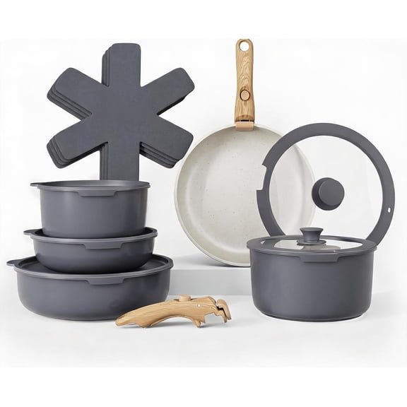 Stackable Cookware Set with Removable Handle Oven and RV Safe Pots and Pans Grey Ivory Wood Handle Original