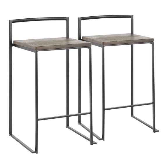 Stackable Counter Stool in Black with An Espresso Wood-pressed Grain Bamboo Seat - Set of 2
