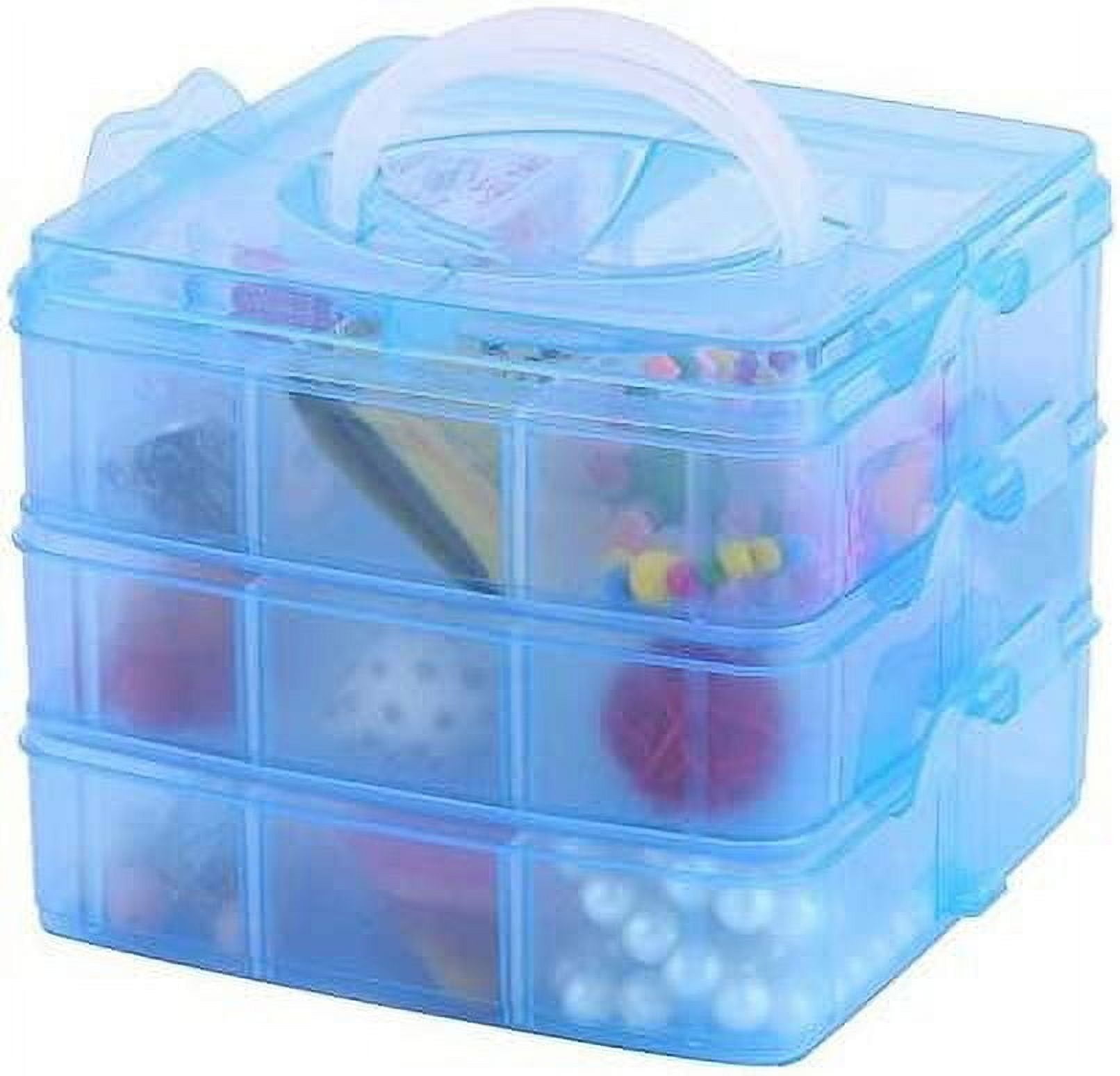Stackable Craft Organizer Box, 3-Layer Small Storage Container Case, with Adjustable Compartments for Beads,Max 18 Compartments, Crafts, Jewelry, Fishing Tackle,Blue (5.75 x 5.75 x 5 inches)
