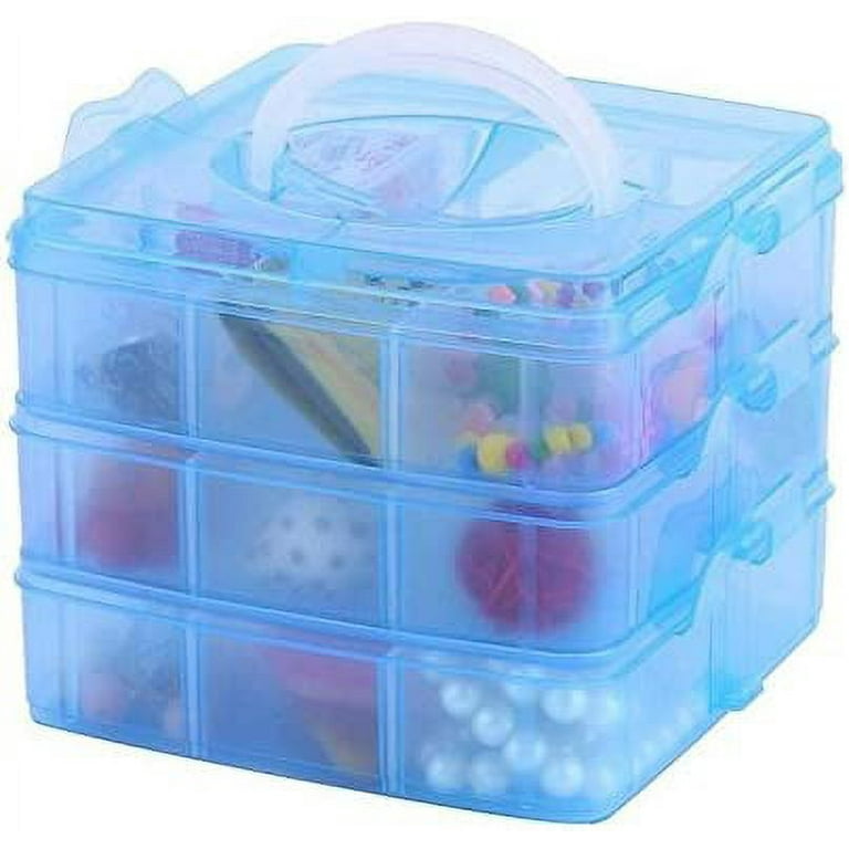 Stackable Craft Organizer Box, 3-Layer Small Storage Container Case, with  Adjustable Compartments for Beads,Max 18 Compartments, Crafts, Jewelry,  Fishing Tackle,Blue (5.75 x 5.75 x 5 inches) 