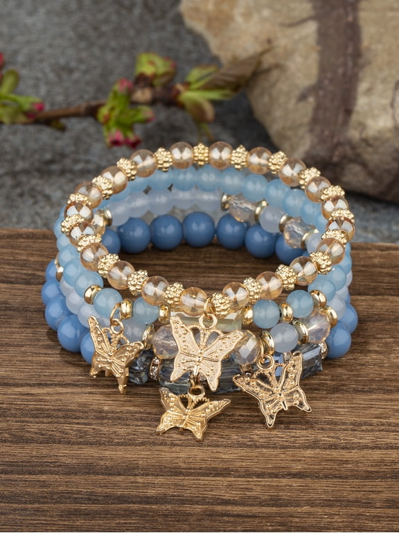 Stackable Crystal Beaded Bracelets for Women Boho Multi Layer Stretch Bracelets Natural Stone Bead Bracelet with Butterfly Charm Jewelry for Women - Blue 6.29Inch