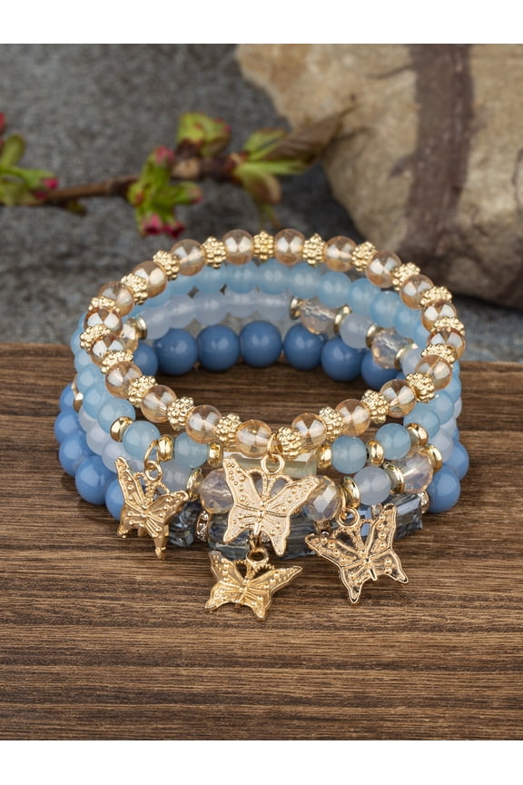 Stackable Crystal Beaded Bracelets for Women Boho Multi Layer Stretch Bracelets Natural Stone Bead Bracelet with Butterfly Charm Jewelry for Women - Blue 6.29Inch
