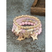 MLYEEWF Stackable Crystal Beaded Bracelets for Women Boho Multi Layer Stretch Bracelets Natural Stone Bead Bracelet with Butterfly Charm Jewelry for Women - Pink 6.29Inch
