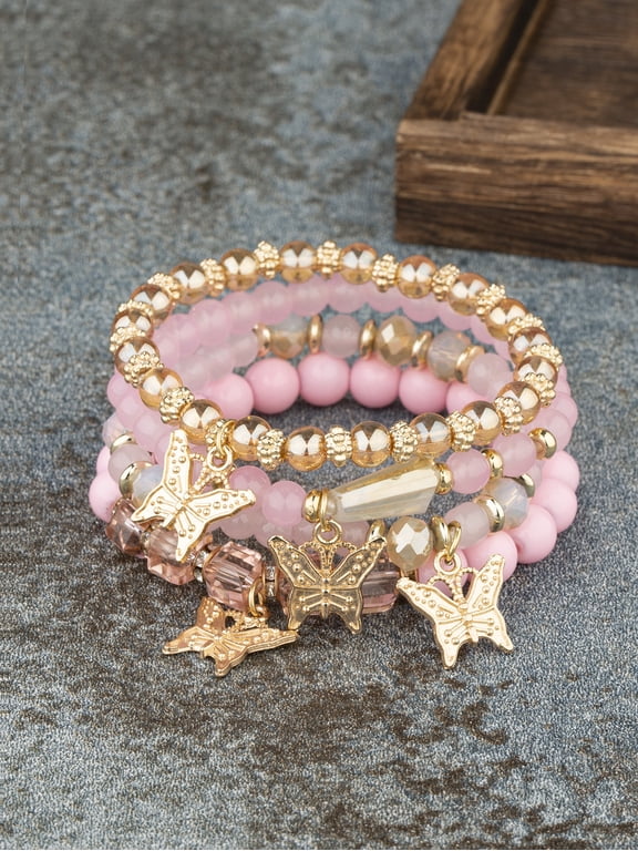 Stackable Crystal Beaded Bracelets for Women Boho Multi Layer Stretch Bracelets Natural Stone Bead Bracelet with Butterfly Charm Jewelry for Women - Pink 6.29Inch