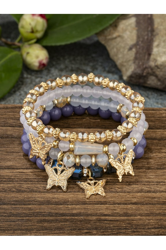Stackable Crystal Beaded Bracelets for Women Boho Multi Layer Stretch Bracelets Natural Stone Bead Bracelet with Butterfly Charm Jewelry for Women - Purple 6.29Inch
