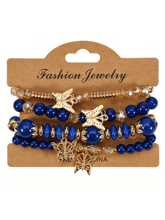 Stackable Crystal Beaded Bracelets for Women Boho Multi Layer Stretch Bracelets Natural Stone Bead Bracelet with Butterfly Charm-Navy Blue 7.1Inch - Set of 4