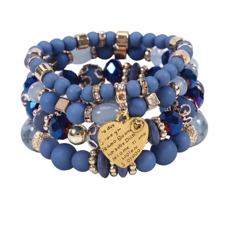 Stackable Crystal Beaded Bracelets for Women Boho Multi Layer Stretch Bracelets Natural Stone Bead Bracelet with Love Charm Jewelry for Women - Blue Purple 6.29Inch