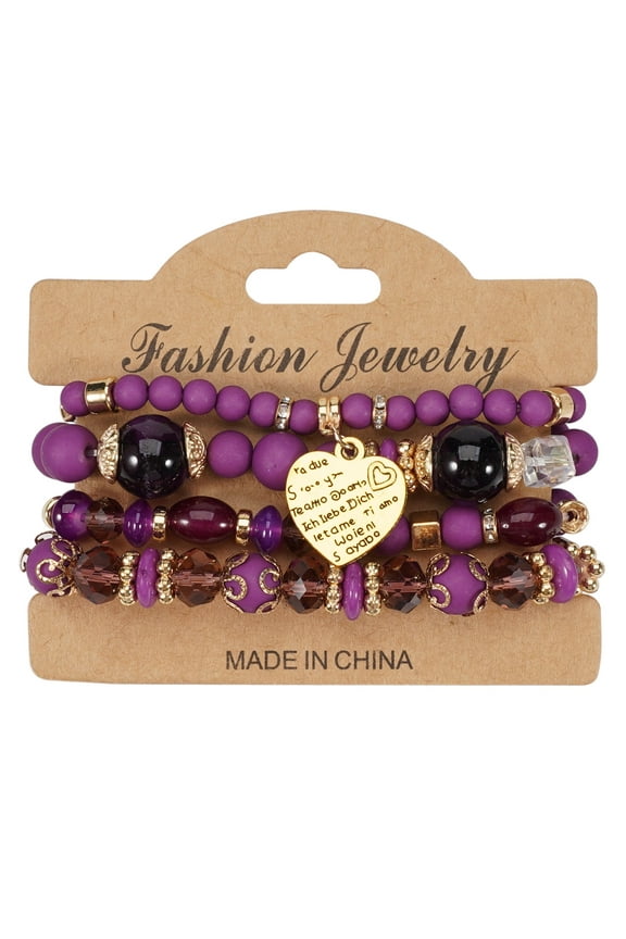 Stackable Crystal Beaded Bracelets for Women Boho Multi Layer Stretch Bracelets Natural Stone Bead Bracelet with Love Charm Jewelry for Women - Purple 6.69Inch Set of 4